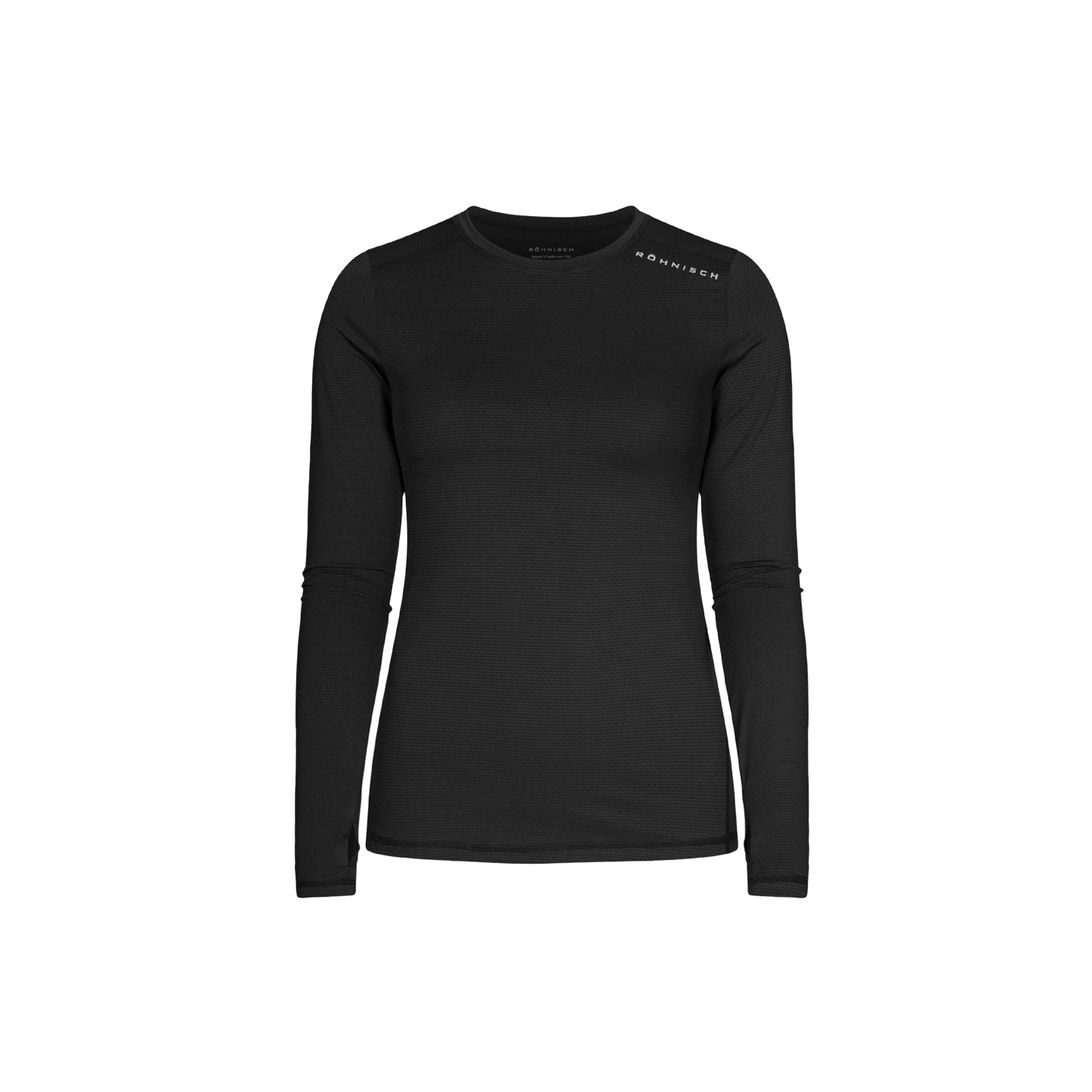 Discover the comfort of the Rohnisch Jacquard Long Sleeve shirt, featuring a stylish crew neck in black. Crafted from moisture-wicking recycled polyester, this front-view piece seamlessly blends sustainability with elegance for everyday wear.