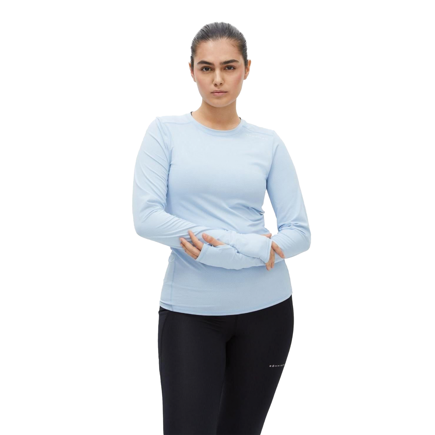 A person wearing the Rohnisch Jacquard Long Sleeve in a moisture-wicking, light blue material made from recycled polyester, paired with black pants, stands against a plain background.