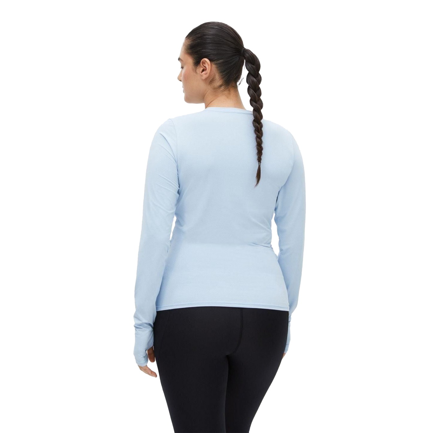 A person with a braid is seen from the back wearing a moisture-wicking light blue Rohnisch Jacquard Long Sleeve shirt and black pants.