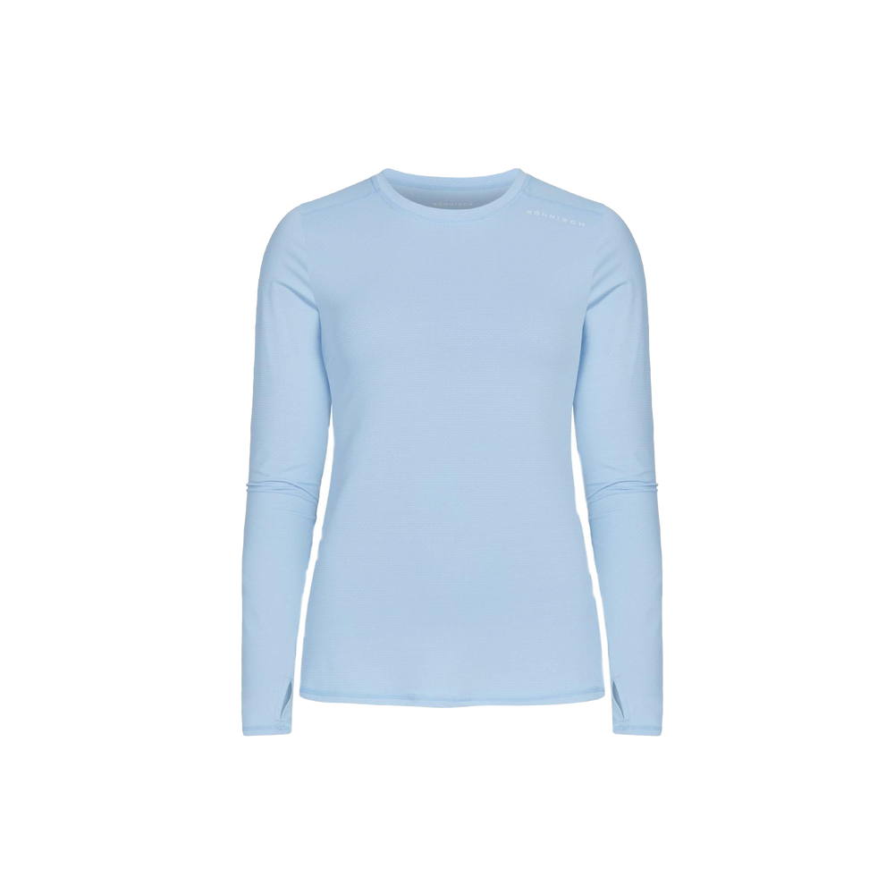 The Jacquard Long Sleeve by Rohnisch is a light blue, moisture-wicking top featuring a crew neck design and crafted from recycled polyester, all presented on a plain white background.