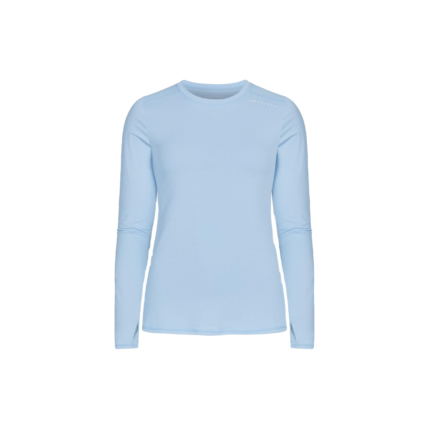 The Jacquard Long Sleeve by Rohnisch is a light blue, moisture-wicking top featuring a crew neck design and crafted from recycled polyester, all presented on a plain white background.