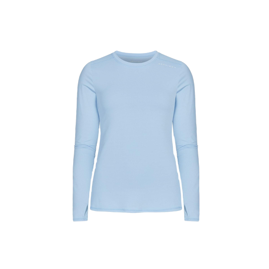 The Jacquard Long Sleeve by Rohnisch is a light blue, moisture-wicking top featuring a crew neck design and crafted from recycled polyester, all presented on a plain white background.