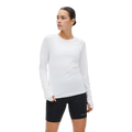 A person stands against a plain background, wearing a white Jacquard Long Sleeve shirt by Rohnisch and black shorts. The moisture-wicking fabric ensures comfort, and the recycled polyester blend offers an eco-friendly touch to their neutral expression.