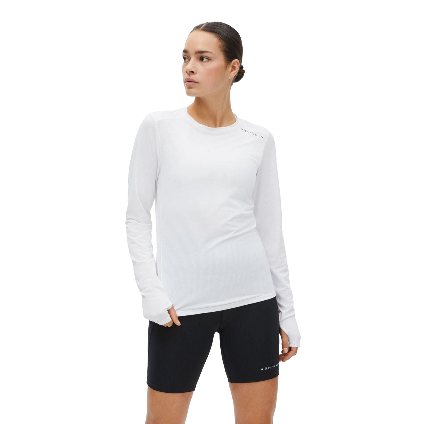 A person stands against a plain background, wearing a white Jacquard Long Sleeve shirt by Rohnisch and black shorts. The moisture-wicking fabric ensures comfort, and the recycled polyester blend offers an eco-friendly touch to their neutral expression.