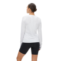 The individual is dressed in a moisture-wicking white Rohnisch Jacquard Long Sleeve and black shorts, facing away.