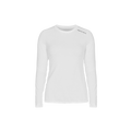 The Jacquard Long Sleeve by Rohnisch is a plain white shirt made from recycled polyester, featuring text on the shoulder and offering moisture-wicking properties.