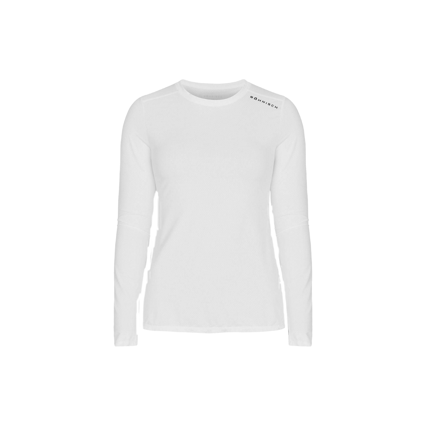 The Jacquard Long Sleeve by Rohnisch is a plain white shirt made from recycled polyester, featuring text on the shoulder and offering moisture-wicking properties.