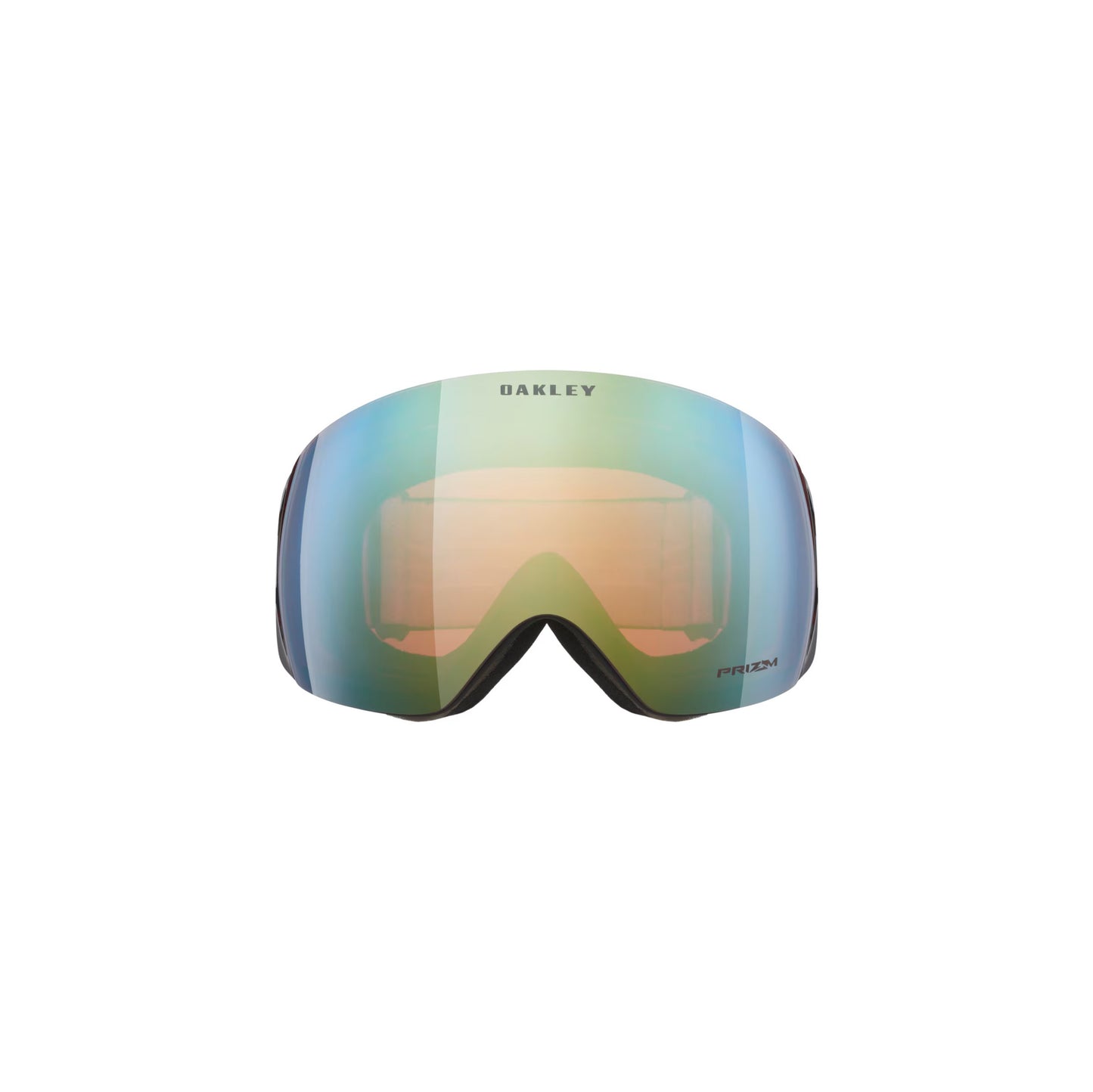 A pair of Oakley Flight Deck ski goggles showcases a reflective, multicolored lens and black frame, featuring Ridgelock Technology for seamless compatibility, viewed front-on against a white background.