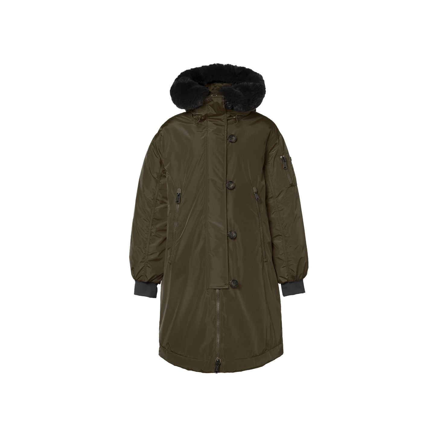 Julia Jacket in Army by Goldbergh, featuring a black fur-lined hood, large buttons, and zippered pockets, set against a white background.