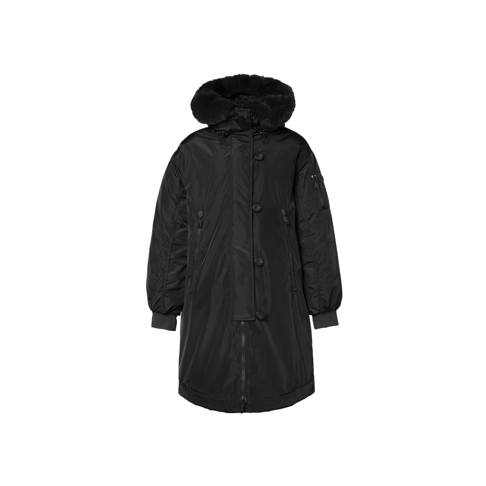 The Julia Jacket in black by Goldbergh features a fur-lined hood and large buttons, displayed against a white background.