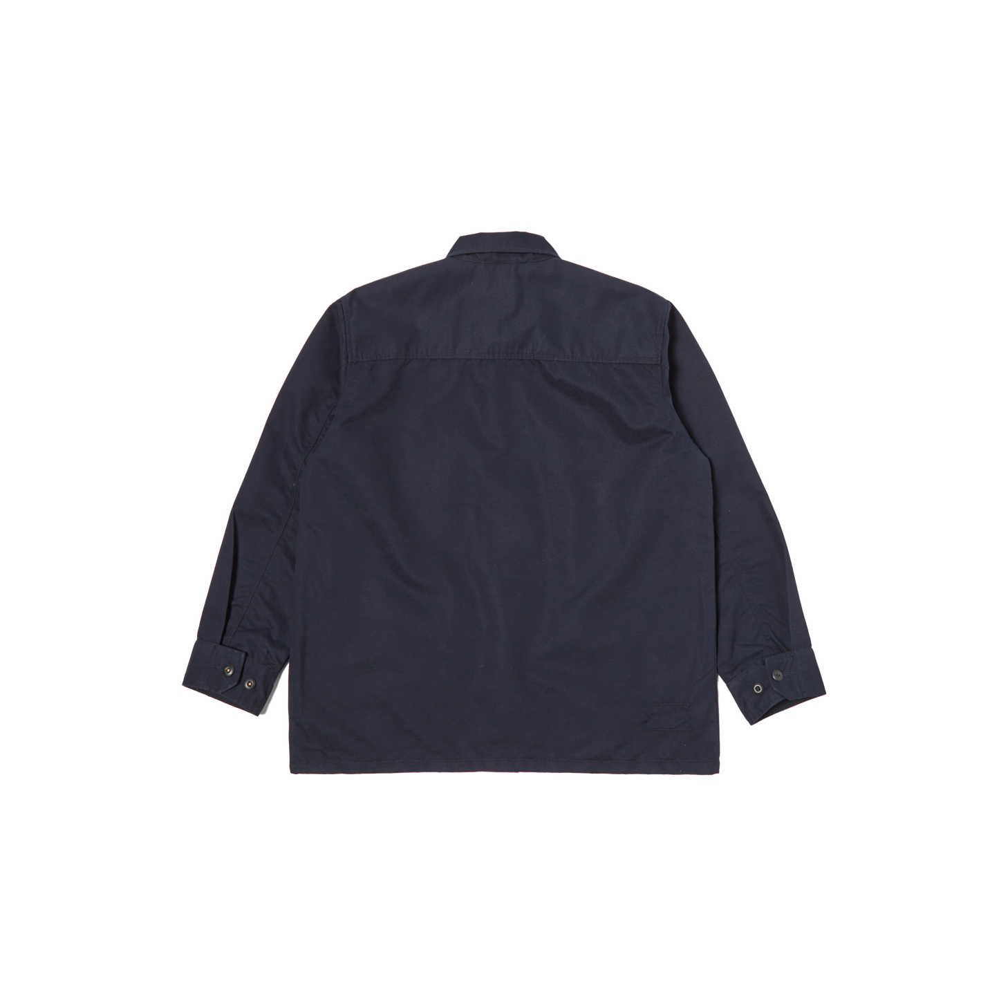 Back view of an iconic design—a Jungle Jacket in dark blue with long sleeves and buttoned cuffs—crafted from recycled polyester by Universal Works, laid flat on a white background.