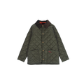 The Barbour B Liddesdale Quilted Jacket in green for boys features a needlecord collar, a buttoned front, and two large pockets on either side.