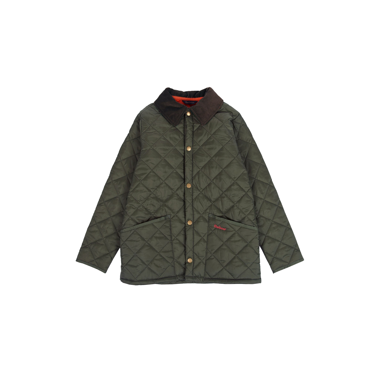 The Barbour B Liddesdale Quilted Jacket in green for boys features a needlecord collar, a buttoned front, and two large pockets on either side.