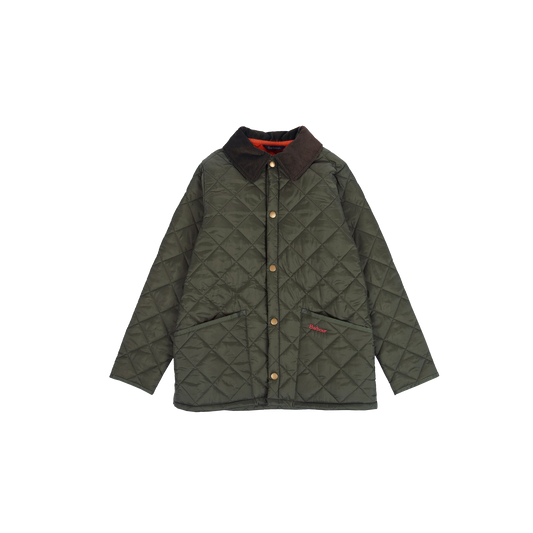 The Barbour B Liddesdale Quilted Jacket in green for boys features a needlecord collar, a buttoned front, and two large pockets on either side.