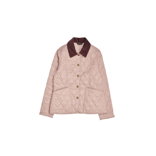 The Barbour K Liddesdale Quilted Jacket for girls is a light pink classic jacket featuring a needlecord brown collar, button closure, and two front pockets. The jacket showcases a charming diamond pattern.