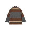 The Kyoto Work Jacket by Universal Works, featuring a back view with long sleeves and horizontal brown, gray, and beige stripes, exudes a subtle heritage-inspired aesthetic reminiscent of a Japanese kimono sweater.