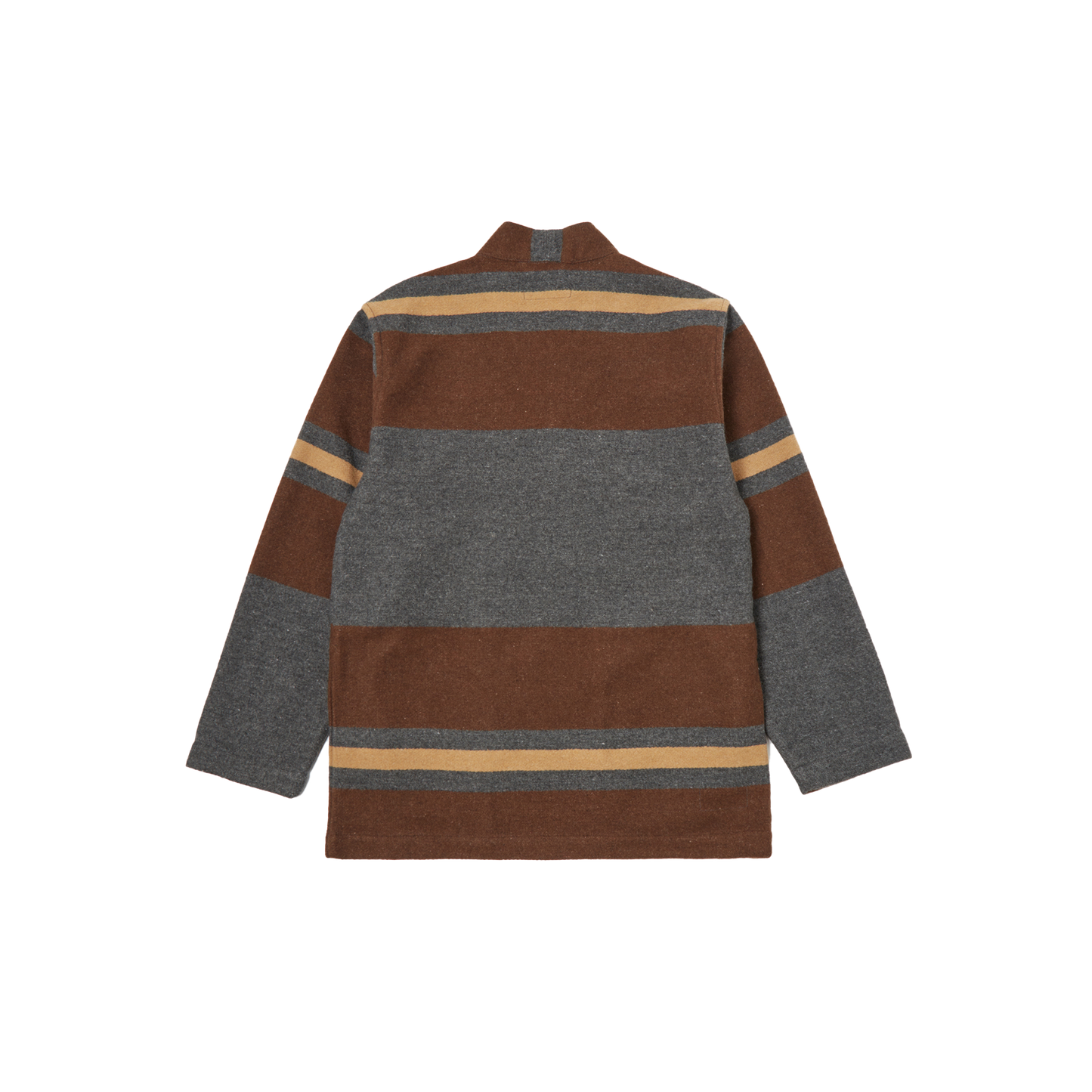 The Kyoto Work Jacket by Universal Works, featuring a back view with long sleeves and horizontal brown, gray, and beige stripes, exudes a subtle heritage-inspired aesthetic reminiscent of a Japanese kimono sweater.