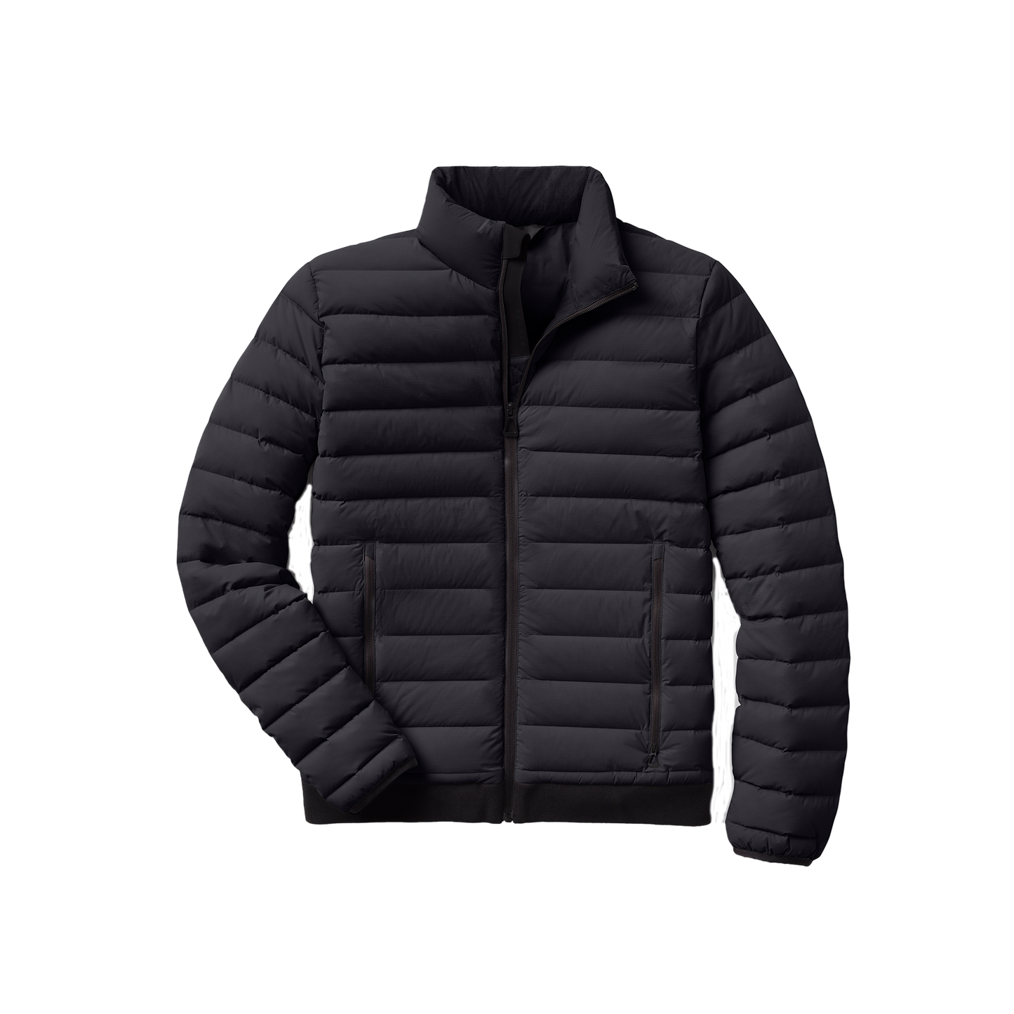 The Aether Launch Full Zip Jacket NH is a black puffer jacket designed with a high collar and front zipper. It features horizontal quilting and two side pockets, offering warmth with down insulation while being water-resistant—perfect for chilly, wet weather.