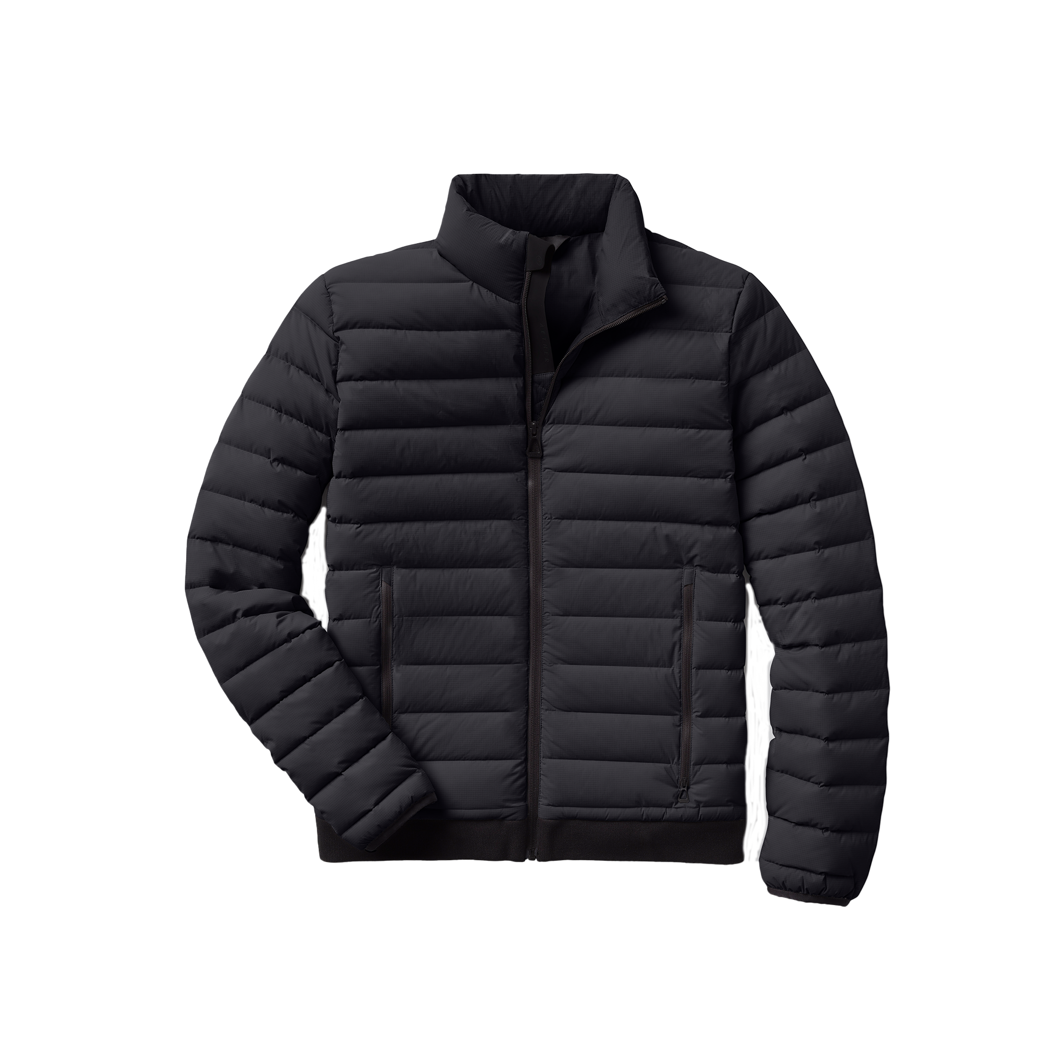 The Aether Launch Full Zip Jacket NH is a black puffer jacket designed with a high collar and front zipper. It features horizontal quilting and two side pockets, offering warmth with down insulation while being water-resistant—perfect for chilly, wet weather.