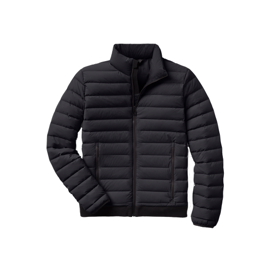 The Aether Launch Full Zip Jacket NH is a black puffer jacket designed with a high collar and front zipper. It features horizontal quilting and two side pockets, offering warmth with down insulation while being water-resistant—perfect for chilly, wet weather.