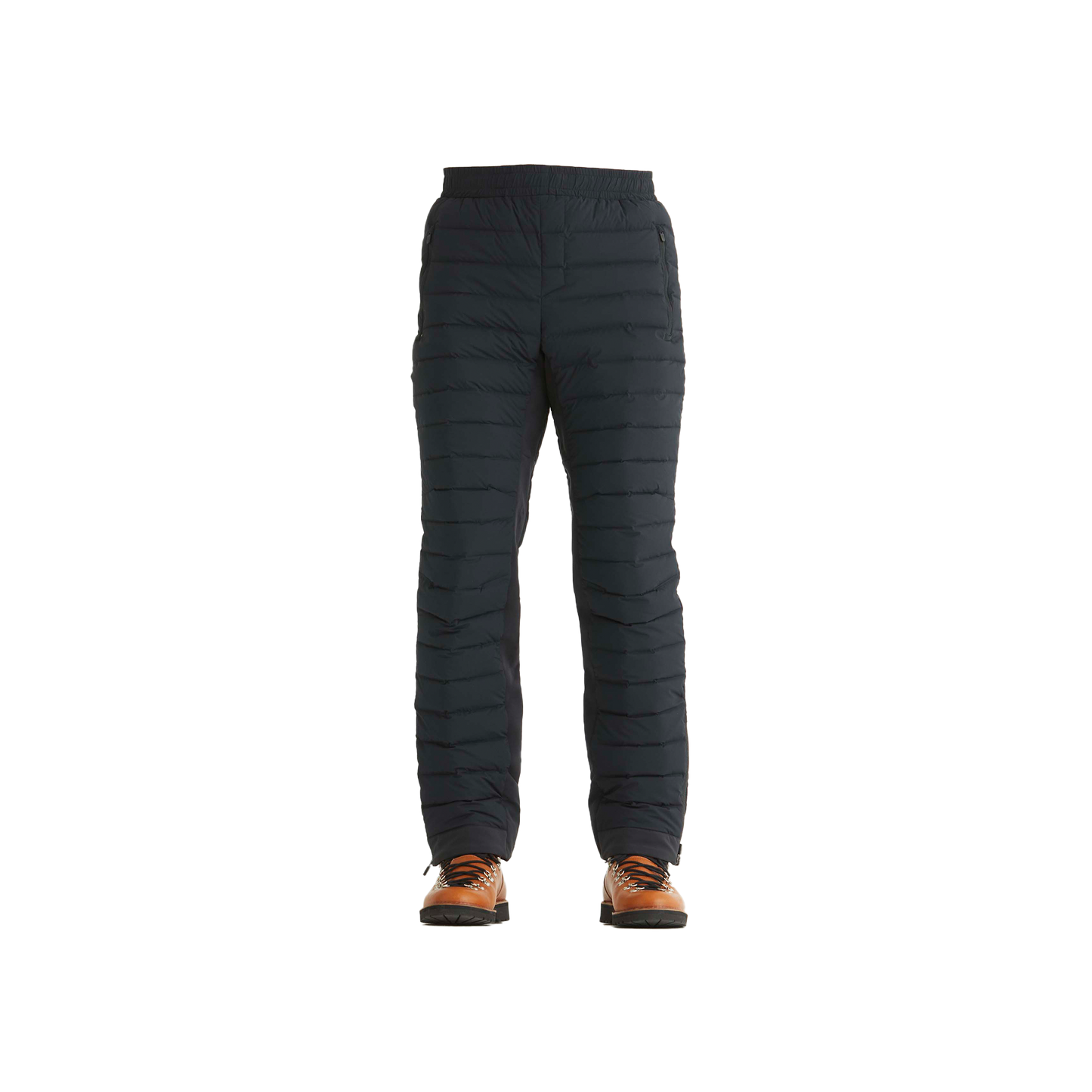 Aether's Launch Pant in black, featuring breathable insulated fabric, paired with brown hiking boots, front view.