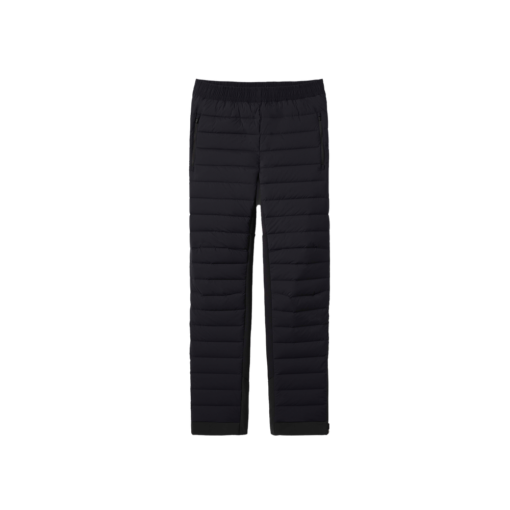 Aether's Launch Pant is shown in black with horizontal stitching and side pockets, set against a white backdrop. These breathable insulated technical pants provide water-resistant protection for versatile wear.