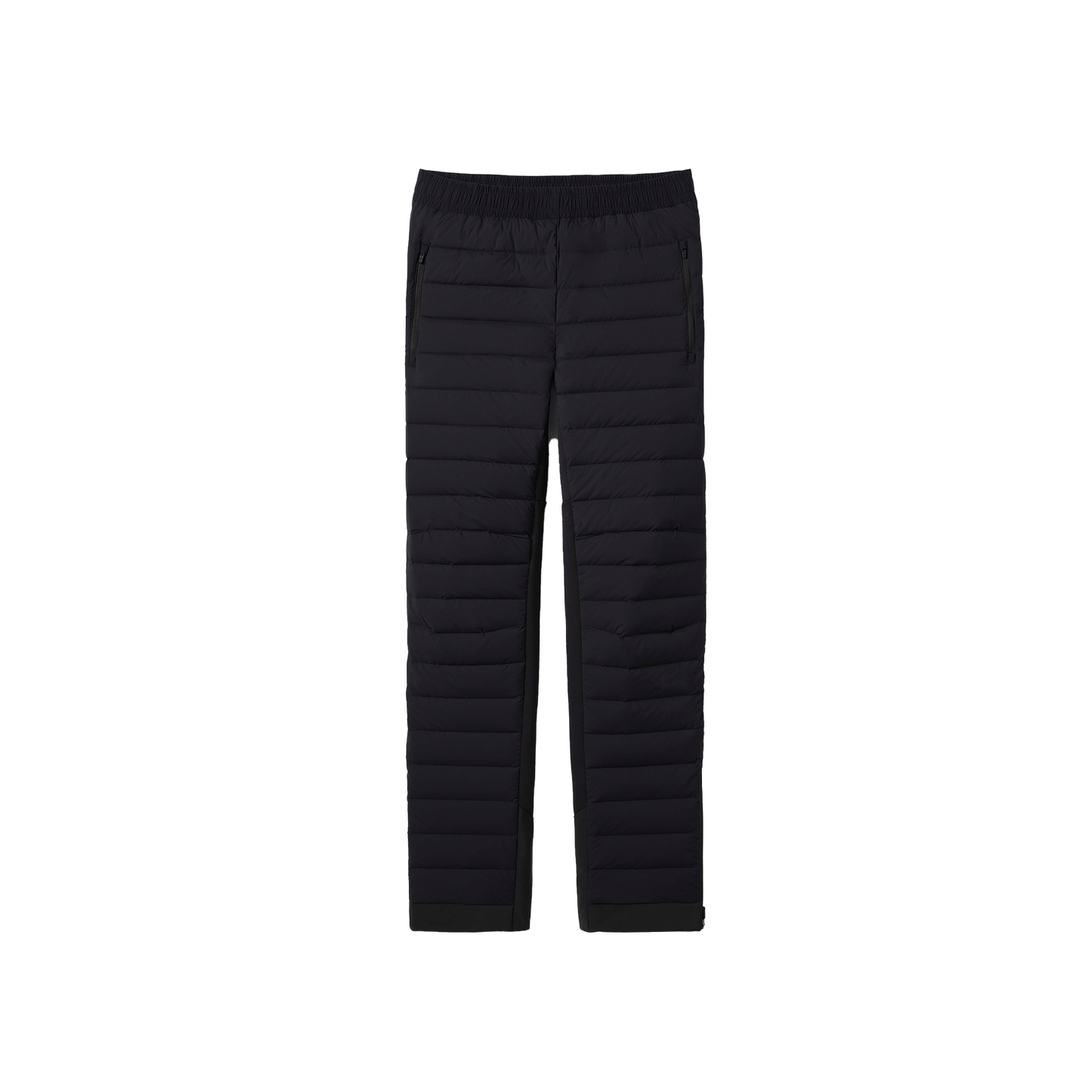 Aether's Launch Pant is shown in black with horizontal stitching and side pockets, set against a white backdrop. These breathable insulated technical pants provide water-resistant protection for versatile wear.