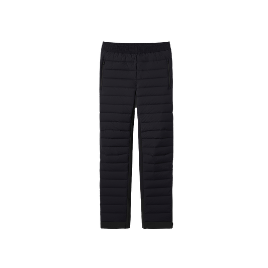 Aether's Launch Pant is shown in black with horizontal stitching and side pockets, set against a white backdrop. These breathable insulated technical pants provide water-resistant protection for versatile wear.