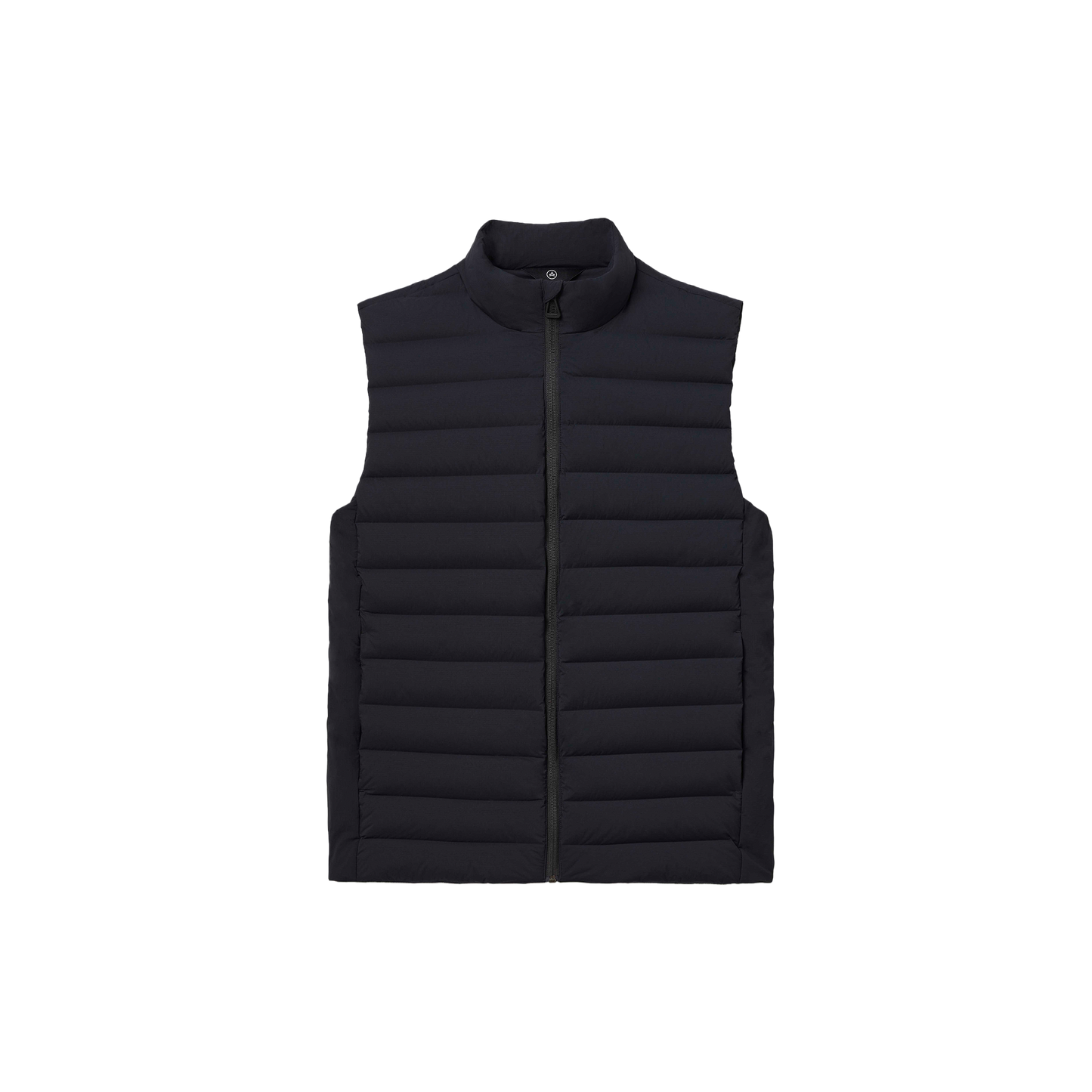 The Launch Vest by Aether is a black, lightweight sleeveless puffer vest that includes a front zipper and collar, providing insulated warmth and water-resistant protection.