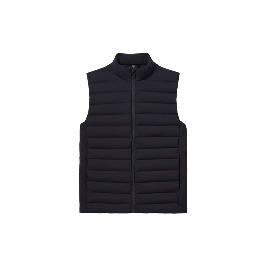 The Launch Vest by Aether is a black, lightweight sleeveless puffer vest that includes a front zipper and collar, providing insulated warmth and water-resistant protection.