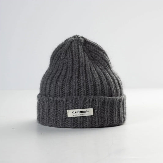 Slate Grey ribbed knit Logo Beanie by Le Bonnet, crafted from lambswool with a folded cuff and signature logo.