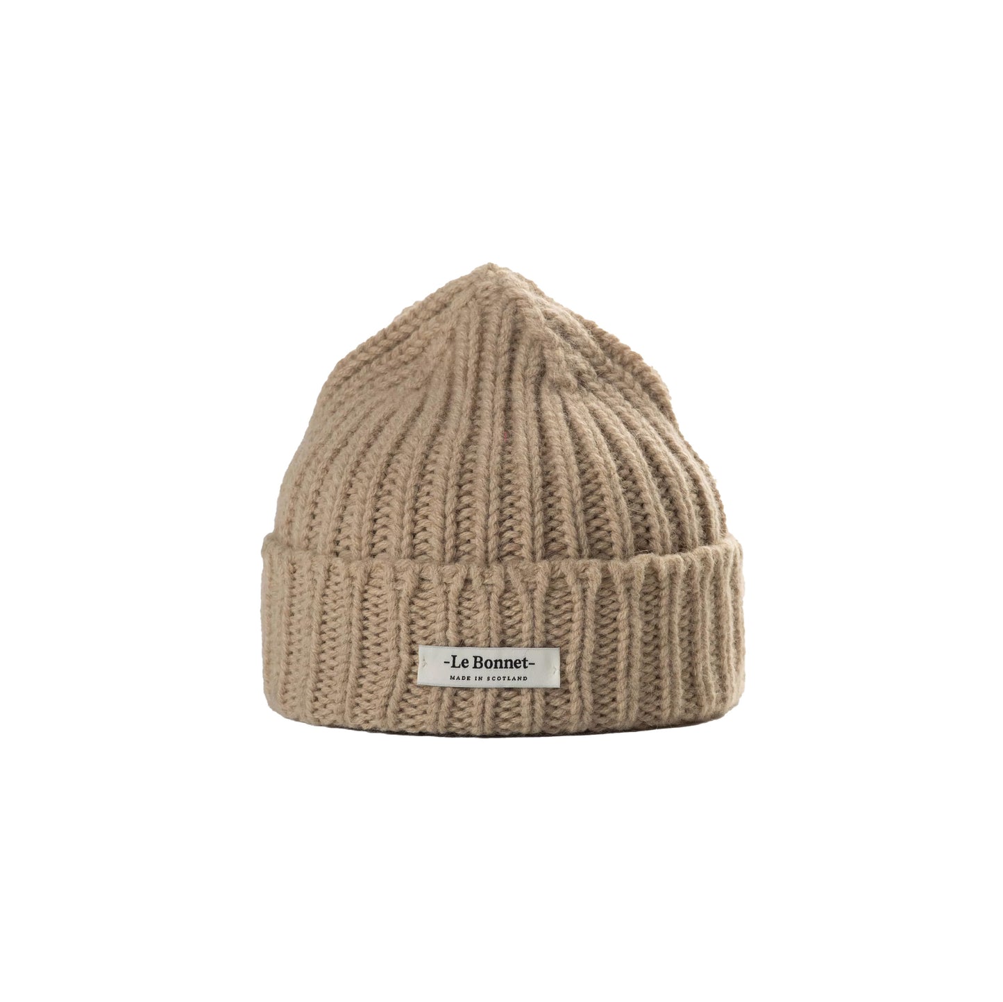 The Logo Beanie by Le Bonnet, made from soft Lambswool Caregora, showcases a chic beige knit with the iconic label on the front.