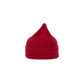 A Le Bonnet lambswool beanie, featuring a red ribbed design and a folded brim, is centered on a white background.