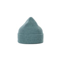 A teal knit beanie from Le Bonnet, made of lambswool, featuring a pointed top and folded brim, is placed against a plain white background.