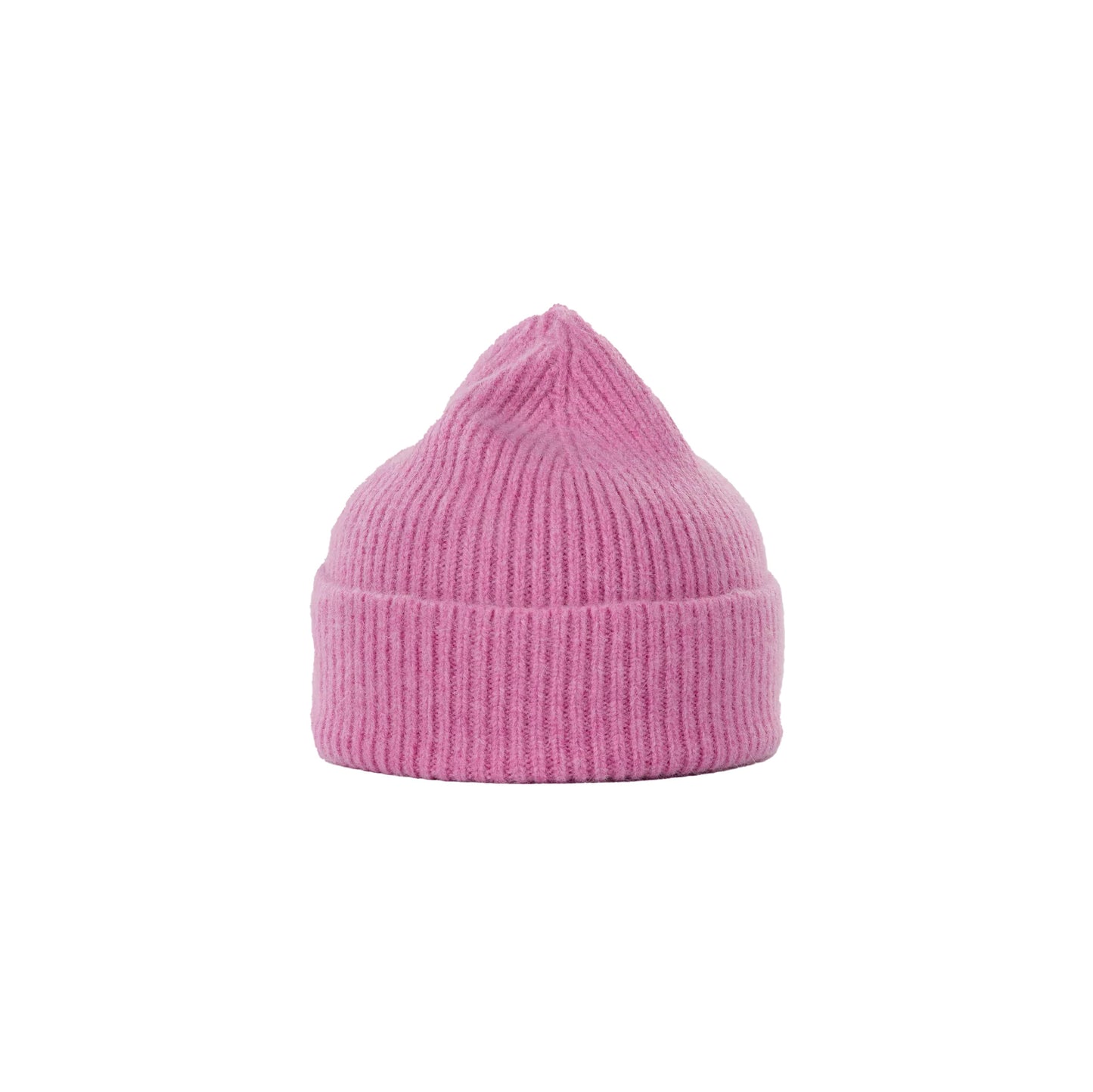 Le Bonnet pink ribbed lambswool beanie featuring a folded brim, set against a white background.