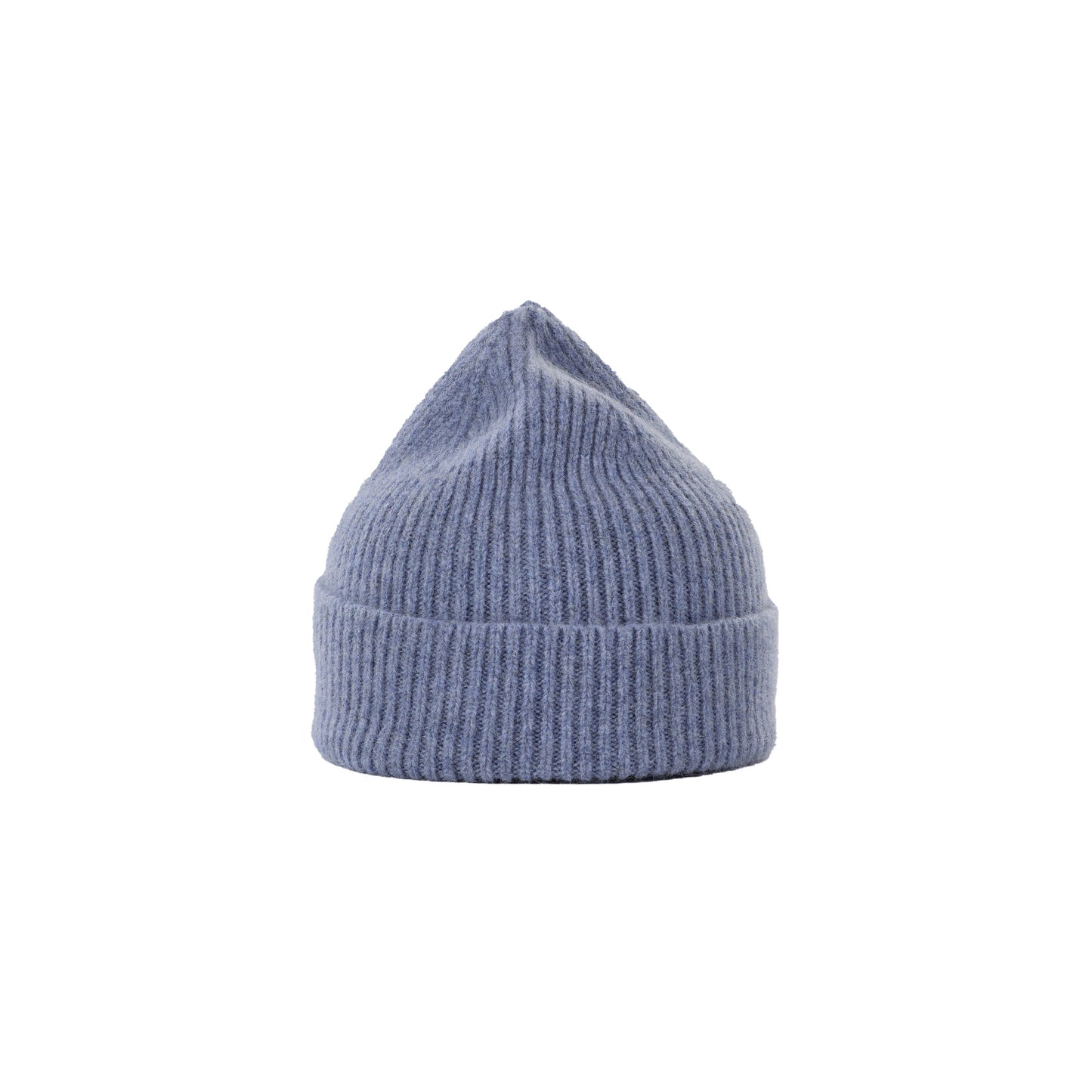 A Le Bonnet ribbed lambswool beanie in blue, featuring a folded brim, showcased on a white background.