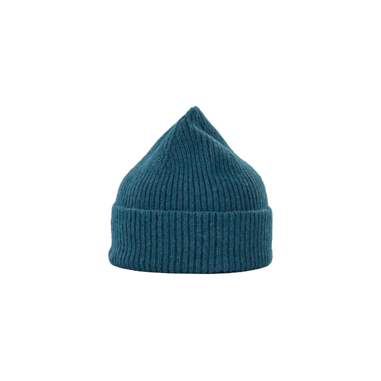 Teal ribbed Beanie by Le Bonnet, featuring lambswool material, a pointed top, and a folded cuff.