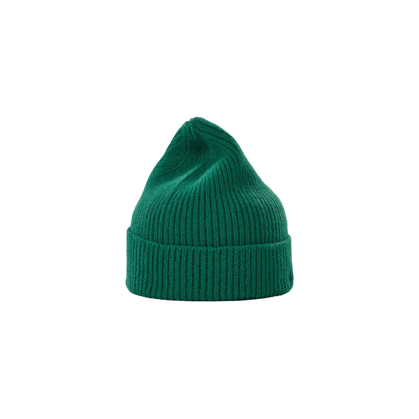 Le Bonnet's lambswool green beanie with a folded brim, featured against a white background.