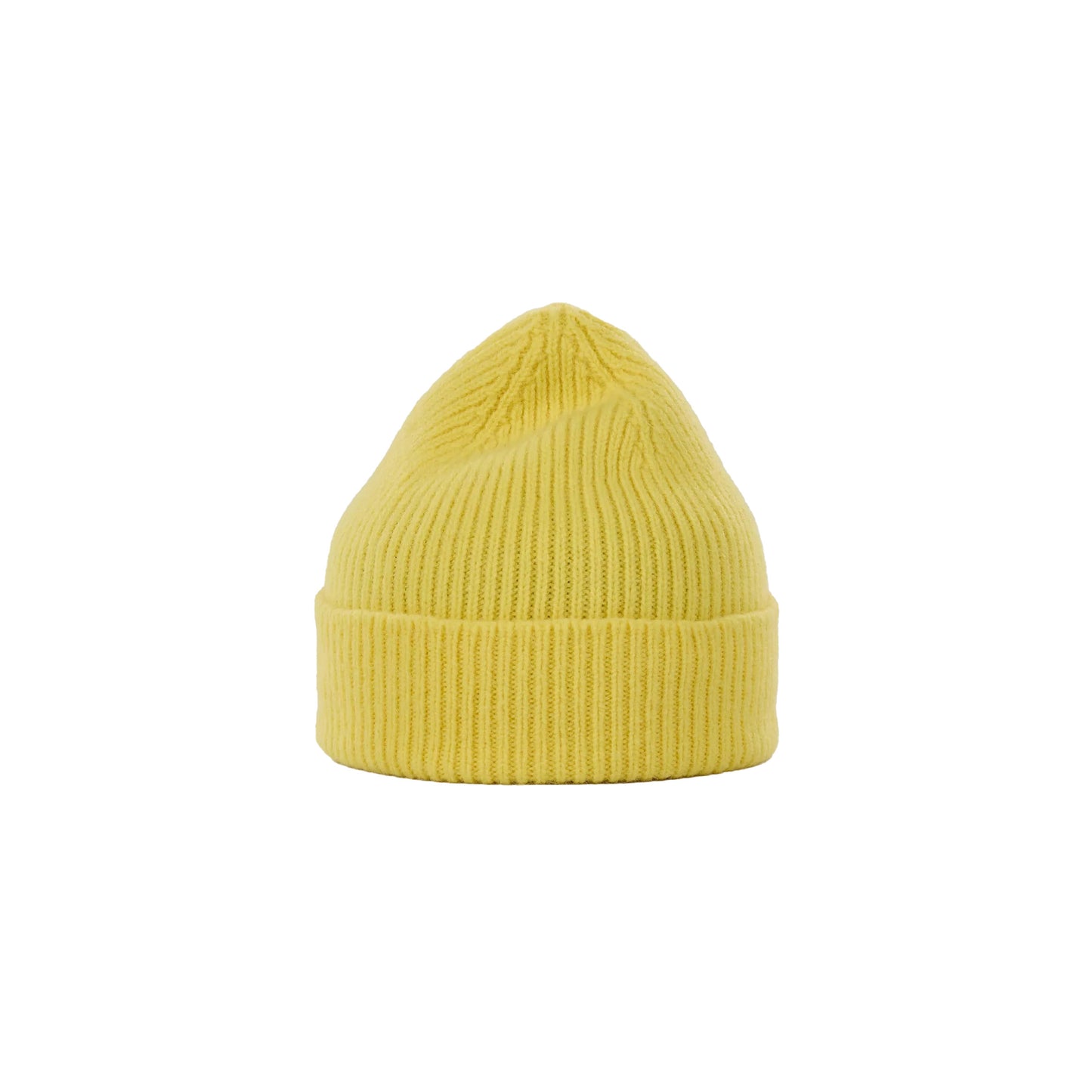 A yellow wool Beanie hat by Le Bonnet, featuring a folded brim and inspired by traditional Scottish designs, set against a white background.