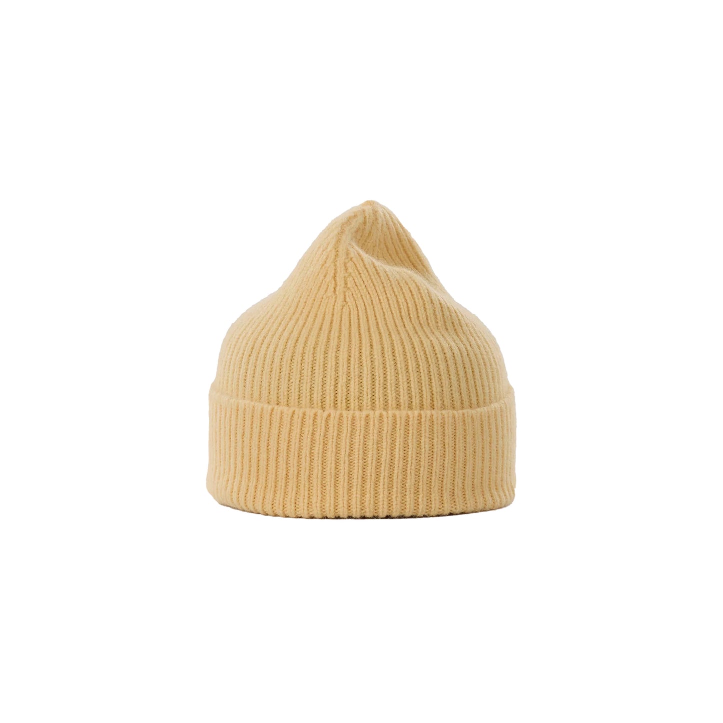 A Le Bonnet beige lambswool beanie featuring a pointed top is displayed against a plain white background.