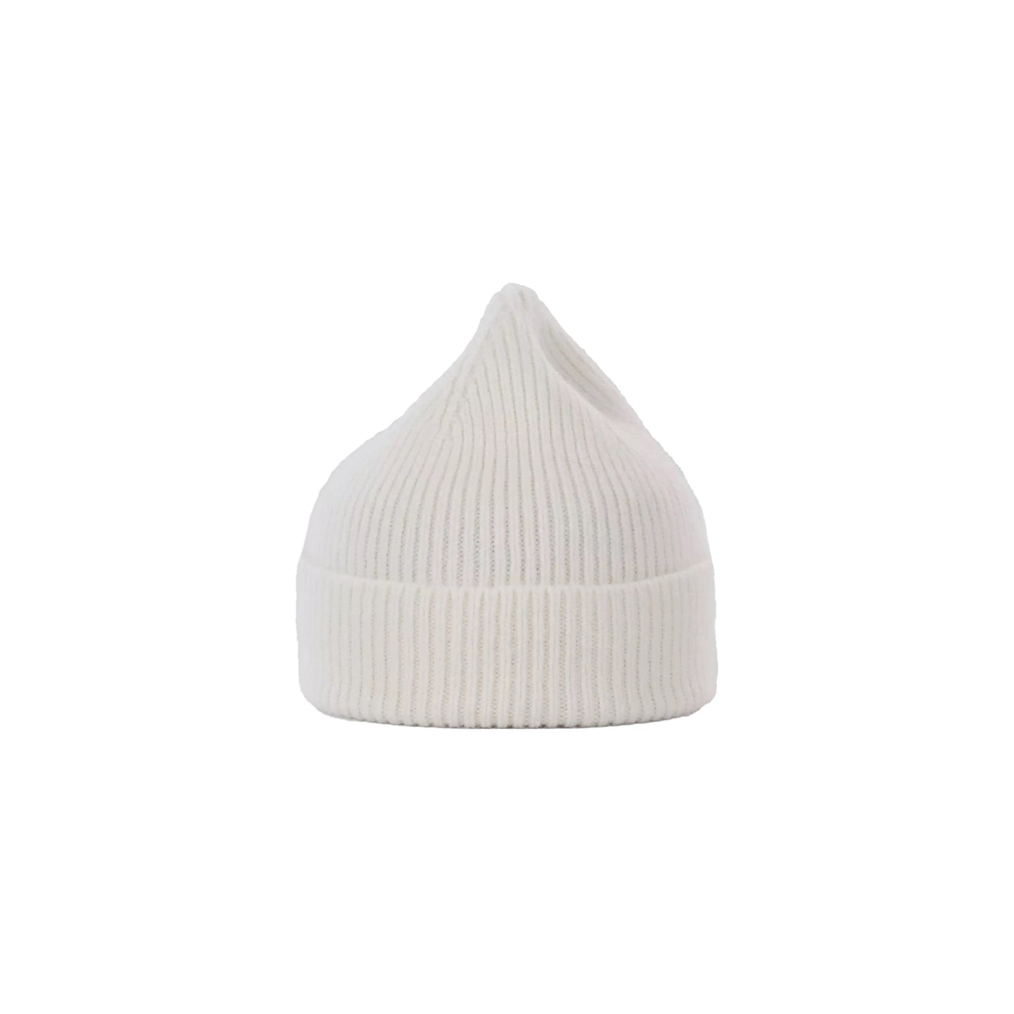 Le Bonnet's lambswool beanie with ribbed texture and a folded brim, showcased against a plain background.