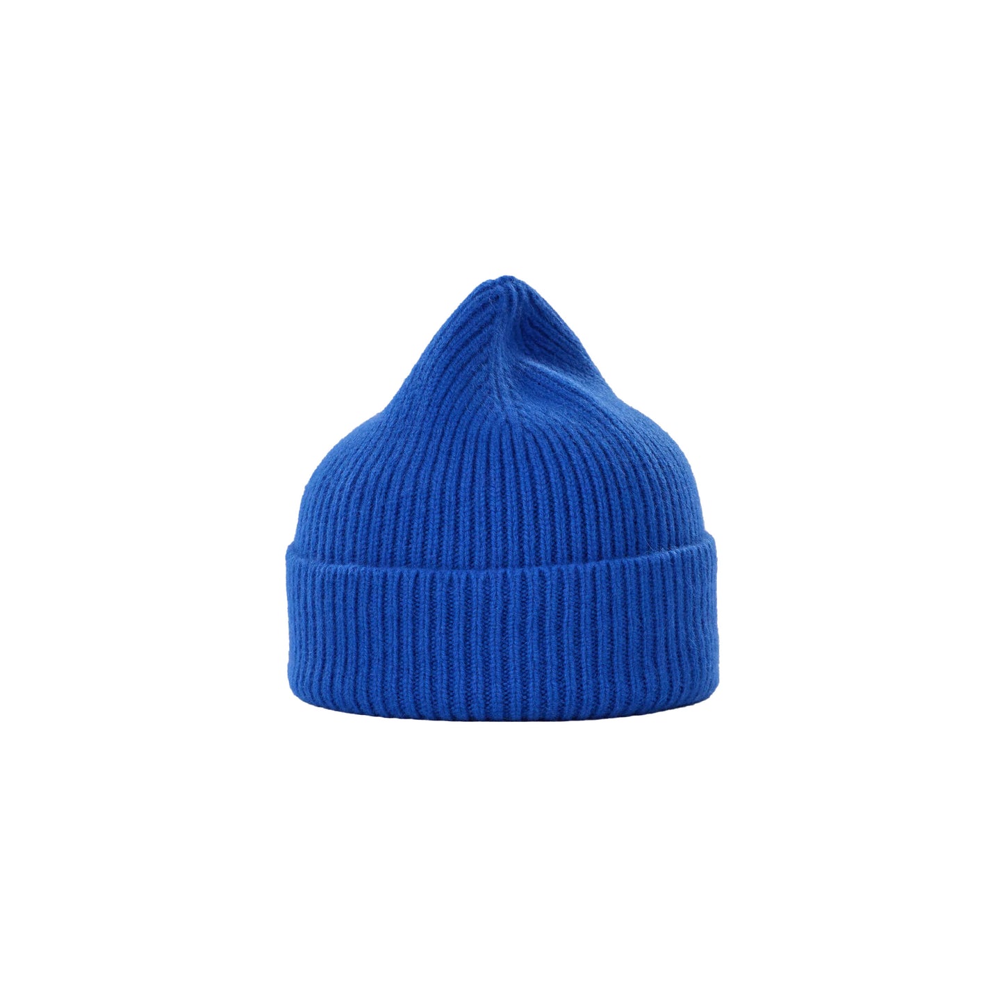 Introducing the Beanie by Le Bonnet: an eye-catching bright blue hat crafted from soft lambswool, showcasing a distinctive ribbed design, pointed top, and a chic folded brim, all set against a white background.