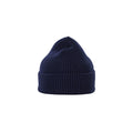 A ribbed knit beanie made from navy blue lambswool with a folded cuff, crafted by Le Bonnet.