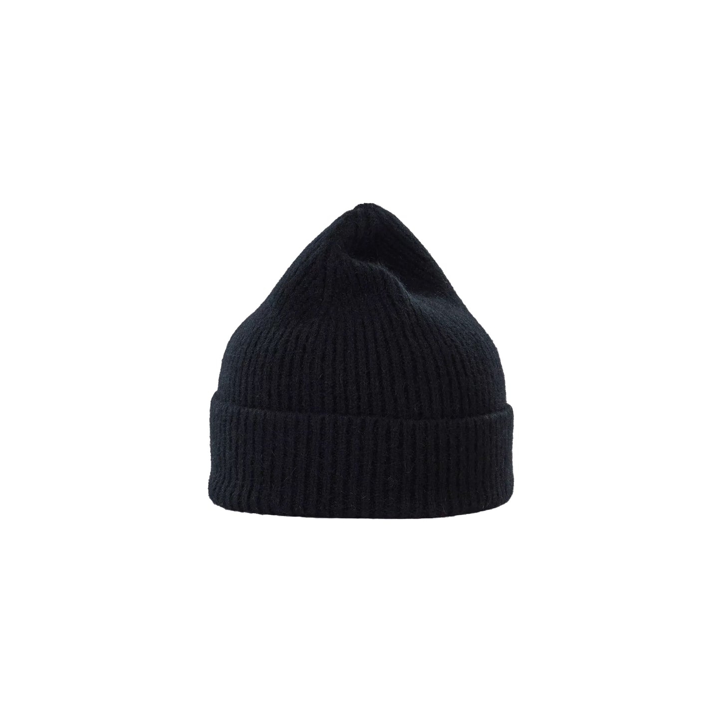 A black knitted beanie with a folded brim, crafted from soft lambswool by Le Bonnet.