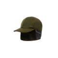 The Barbour Lewis Trapper Hat is an olive green fleece cap featuring ear flaps lined with a black and green plaid pattern, and a rectangular brand label on the front.