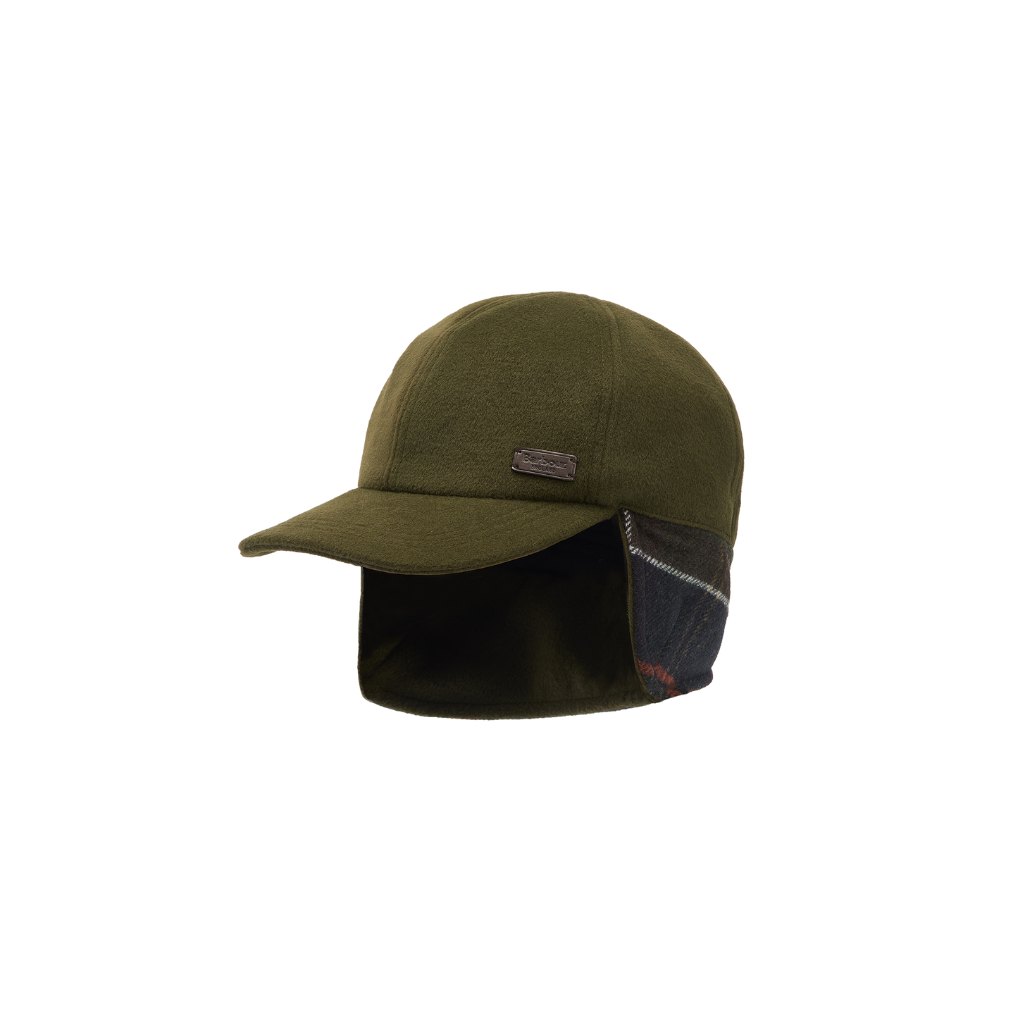 The Barbour Lewis Trapper Hat is an olive green fleece cap featuring ear flaps lined with a black and green plaid pattern, and a rectangular brand label on the front.