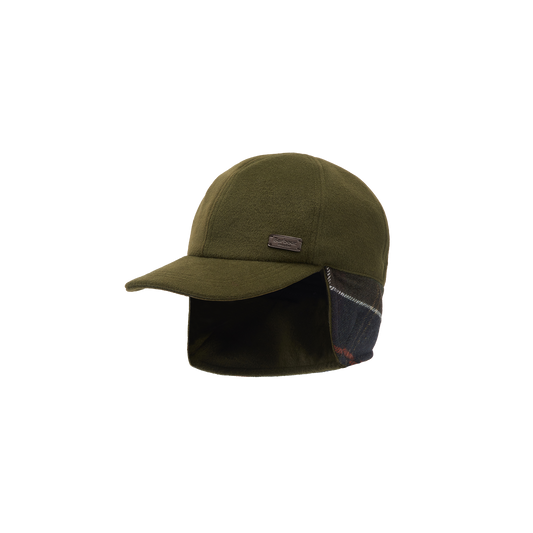 The Barbour Lewis Trapper Hat is an olive green fleece cap featuring ear flaps lined with a black and green plaid pattern, and a rectangular brand label on the front.