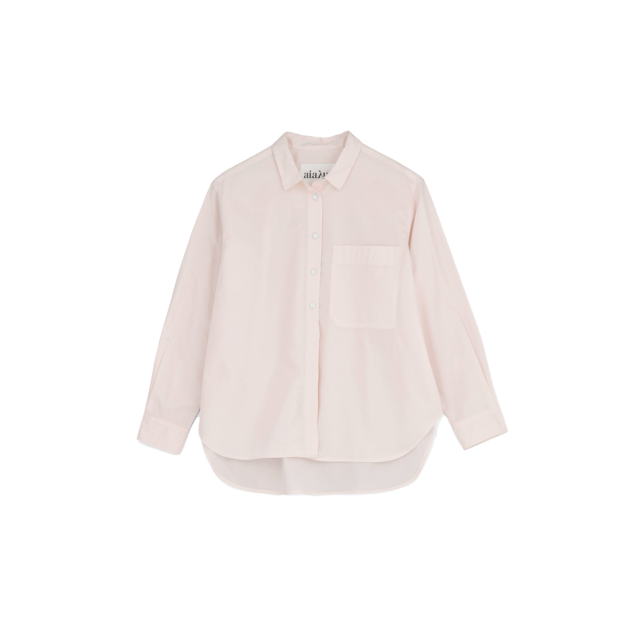 The Lynette Shirt by Aiayu is a light pink, oversized button-up with long sleeves and a front pocket, crafted from organic cotton against a plain backdrop. Embrace sustainable fashion with this stylish piece.