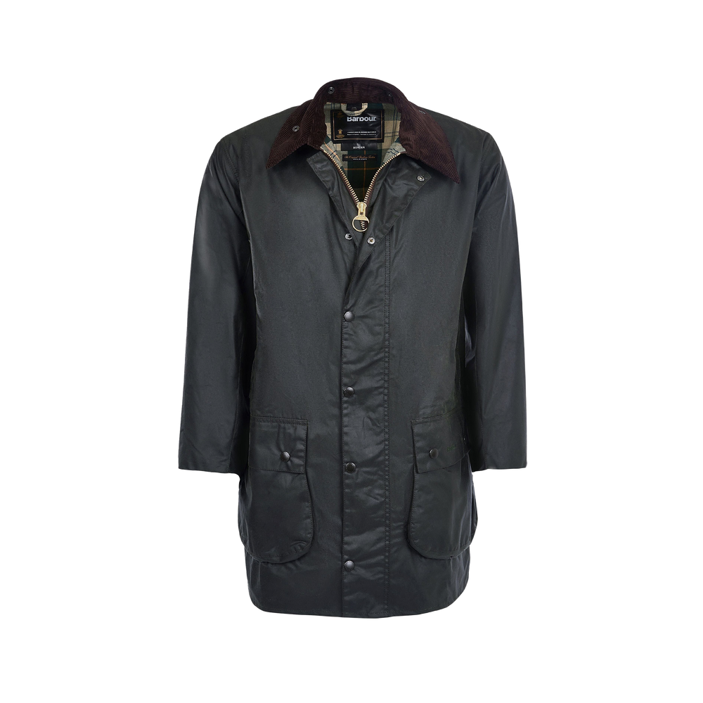 The Men's Border Wax Jacket in Sage/Dark Green by Barbour showcases a classic style with its signature corduroy collar, gold zipper, and front button closure. It offers practical comfort through its relaxed fit and two waist pockets.