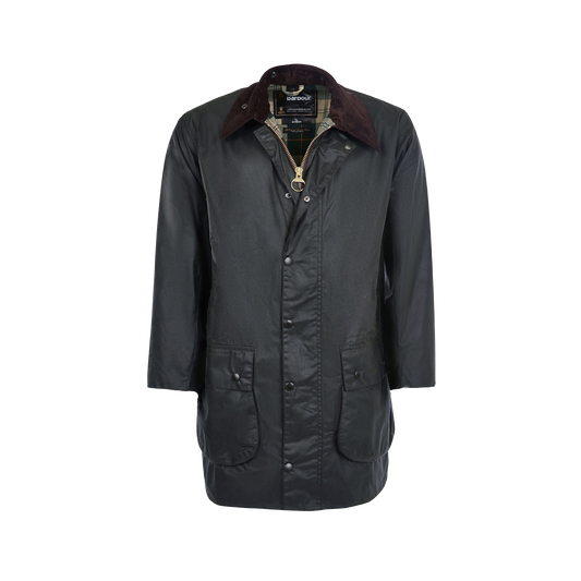 Introducing the M Border Wax Jacket from Barbour, featuring a sage/dark green waterproof cotton exterior, a brown corduroy collar, long sleeves, and both buttoned front and zip closure.